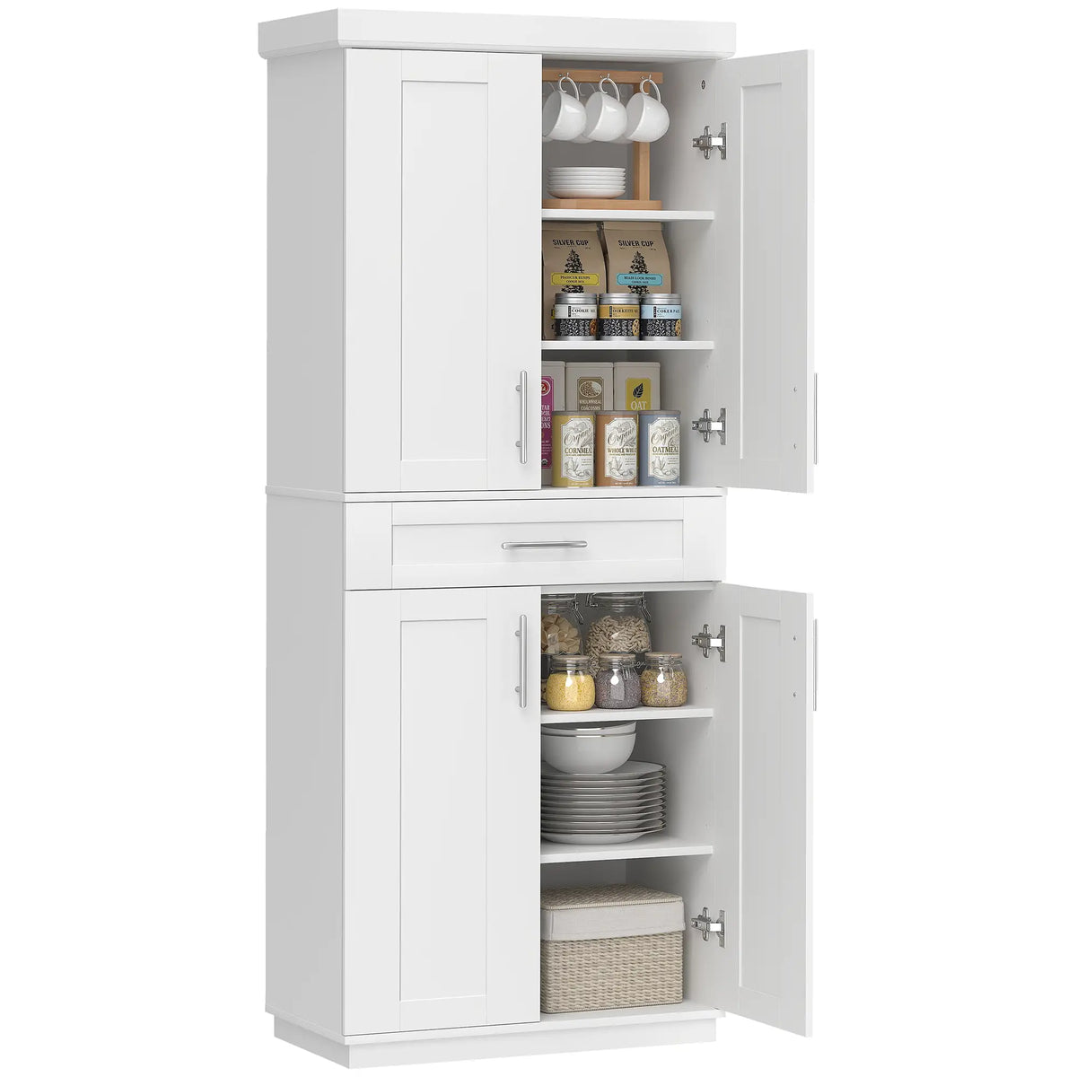 72" Storage Cabinet, Freestanding Kitchen Pantry Cabinet with 4 Doors, Drawer and 3 Adjustable Shelves, White Kitchen Pantry Cabinets White at Gallery Canada