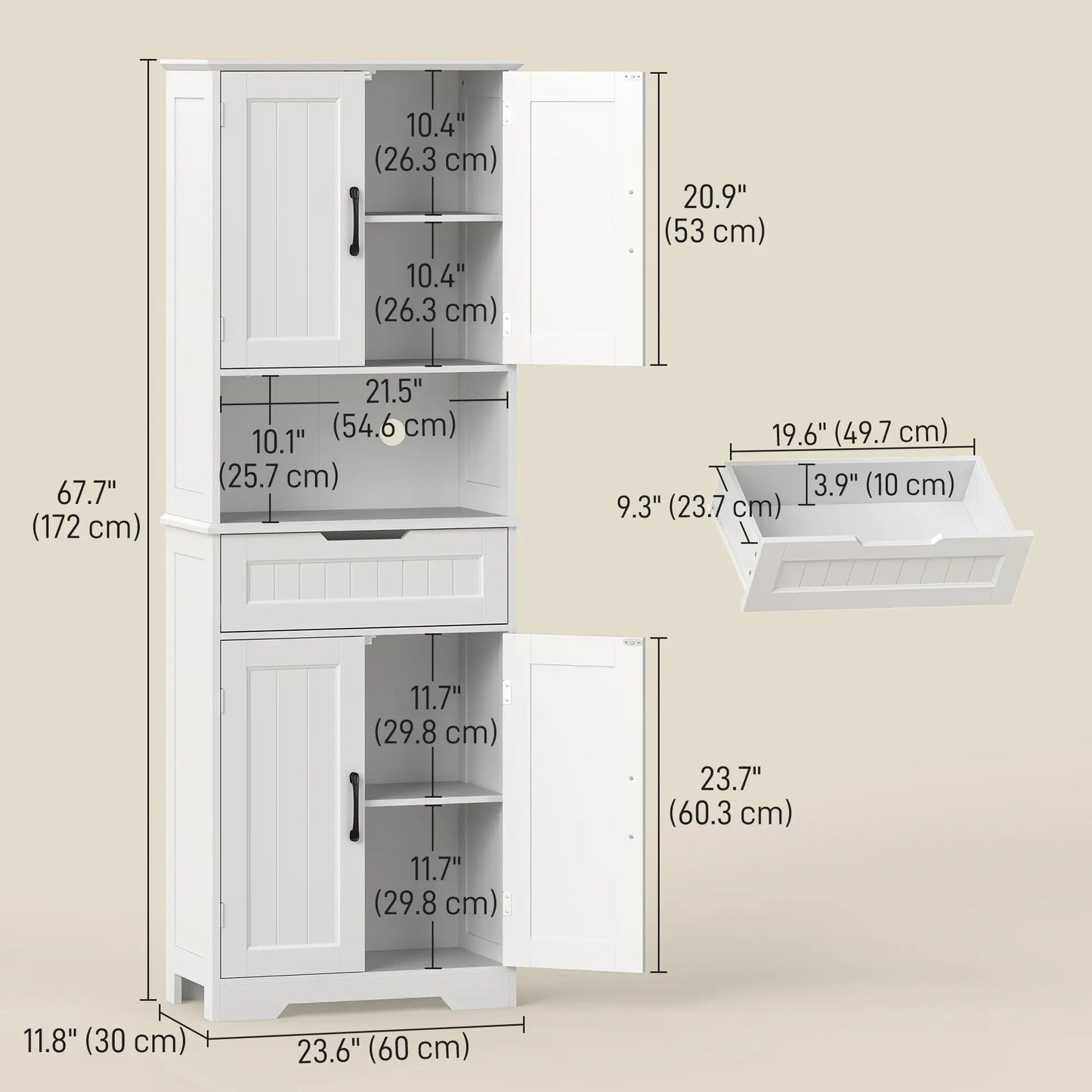 68" Tall Kitchen Buffet Hutch, 4 Doors, Drawer, Open Counter, White Kitchen Pantry Cabinets at Gallery Canada