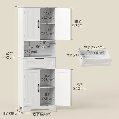 68" Tall Kitchen Buffet Hutch, 4 Doors, Drawer, Open Counter, White Kitchen Pantry Cabinets at Gallery Canada