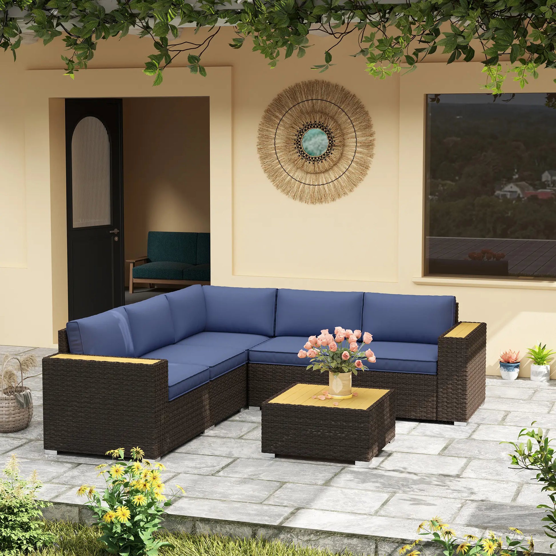 6-Piece Outdoor Rattan Patio Set, Corner Sofa, Wood-Plastic Table, Navy Blue Patio Furniture Sets at Gallery Canada