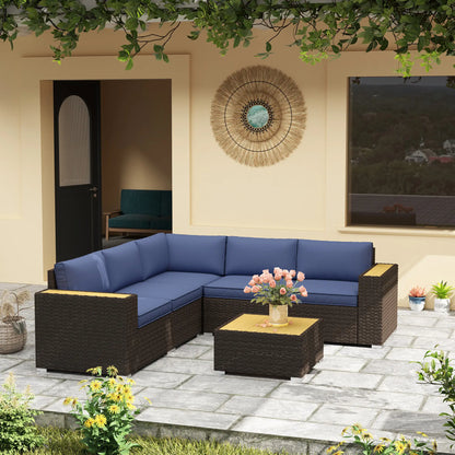 6-Piece Outdoor Rattan Patio Set, Corner Sofa, Wood-Plastic Table, Navy Blue Patio Furniture Sets at Gallery Canada