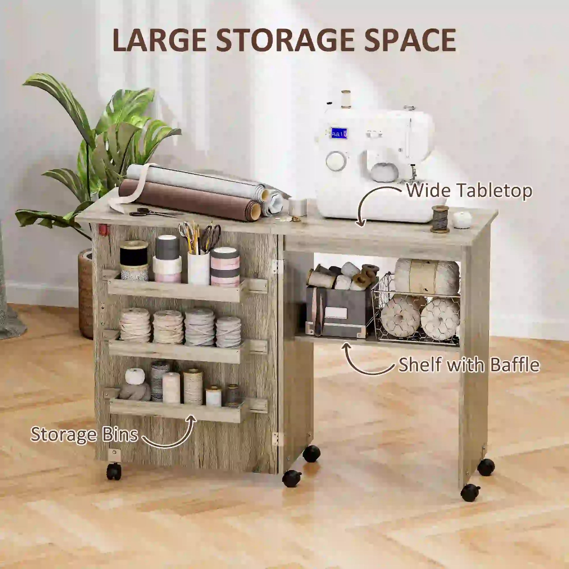 Folding Sewing Table with Storage Shelf, Bins, Lockable Wheels, Grey Storage Cabinets at Gallery Canada