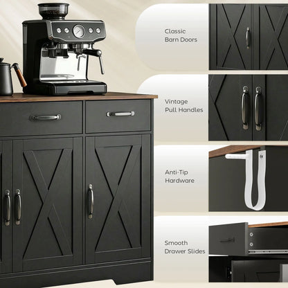 43" Sideboard Buffet Cabinet, 3 Barn Doors, 2 Drawers, Black Bar Cabinets at Gallery Canada
