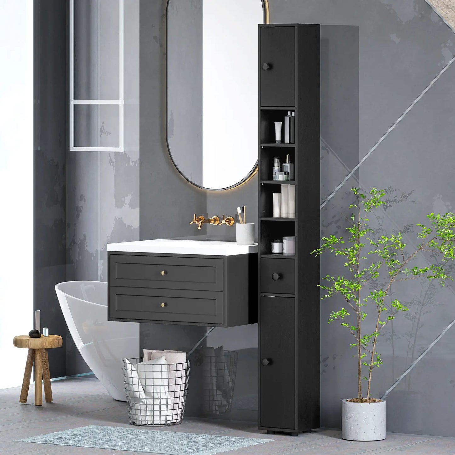 71" Tall Bathroom Cabinet, Narrow Toilet Paper Storage, 2 Door, Adjustable Shelves, Black Bathroom Cabinets at Gallery Canada