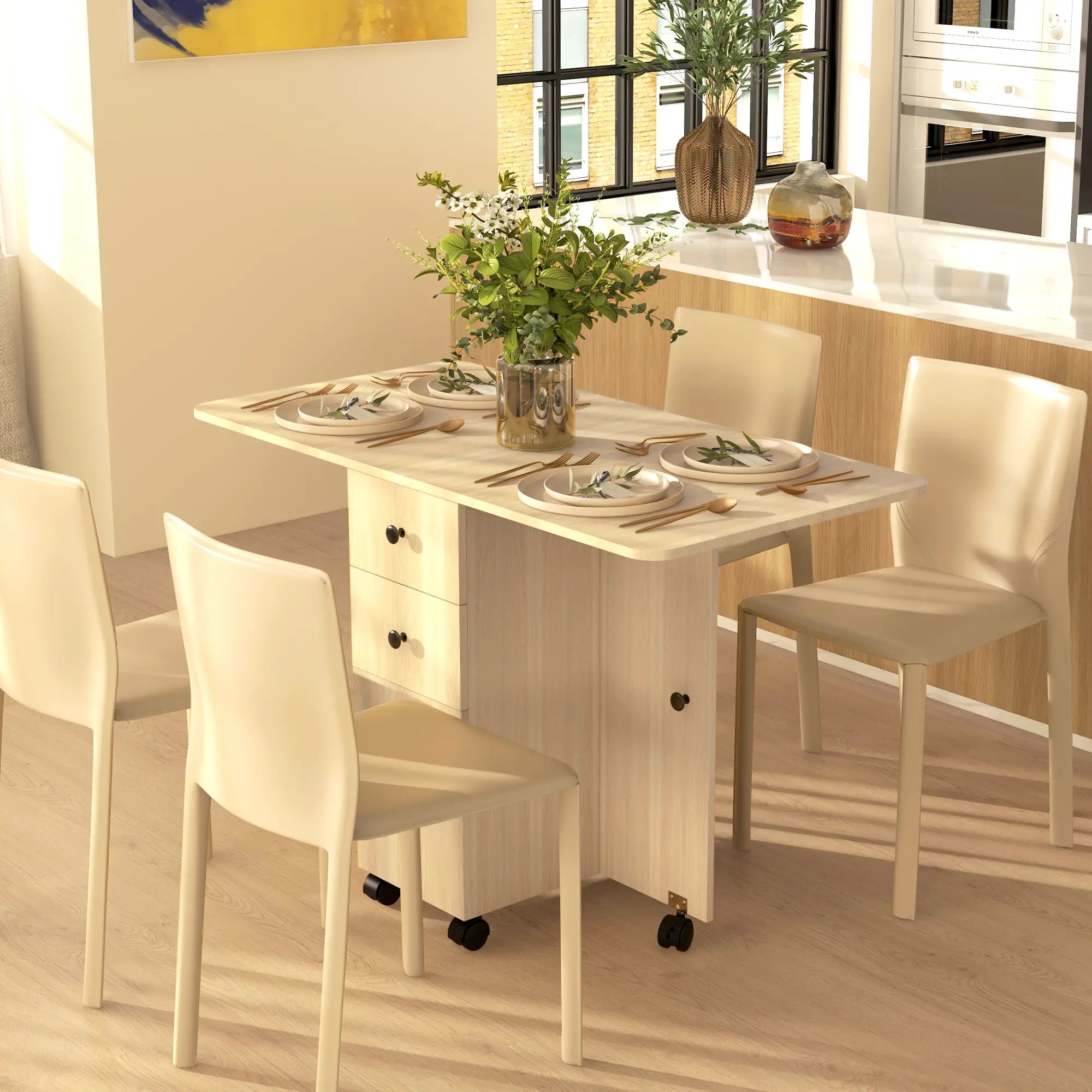Drop Leaf Dining Table, Mobile Folding Table on Wheels, Natural Wood Dining Tables at Gallery Canada