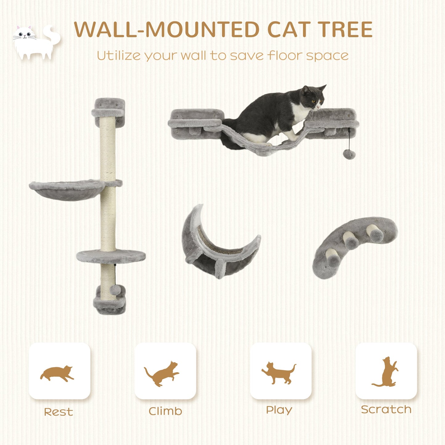 Cat Wall Shelf with Scratching Post, Jumping Platform with Soft Ladder, Cat Wall Shelves for Relaxing, Sleeping, Climbing, Cat Wall With Soft Hammock and Play Balls, Grey - Gallery Canada