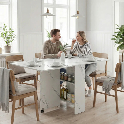 Extendable Dining Table, Marble White, Collapsible With Shelves, White