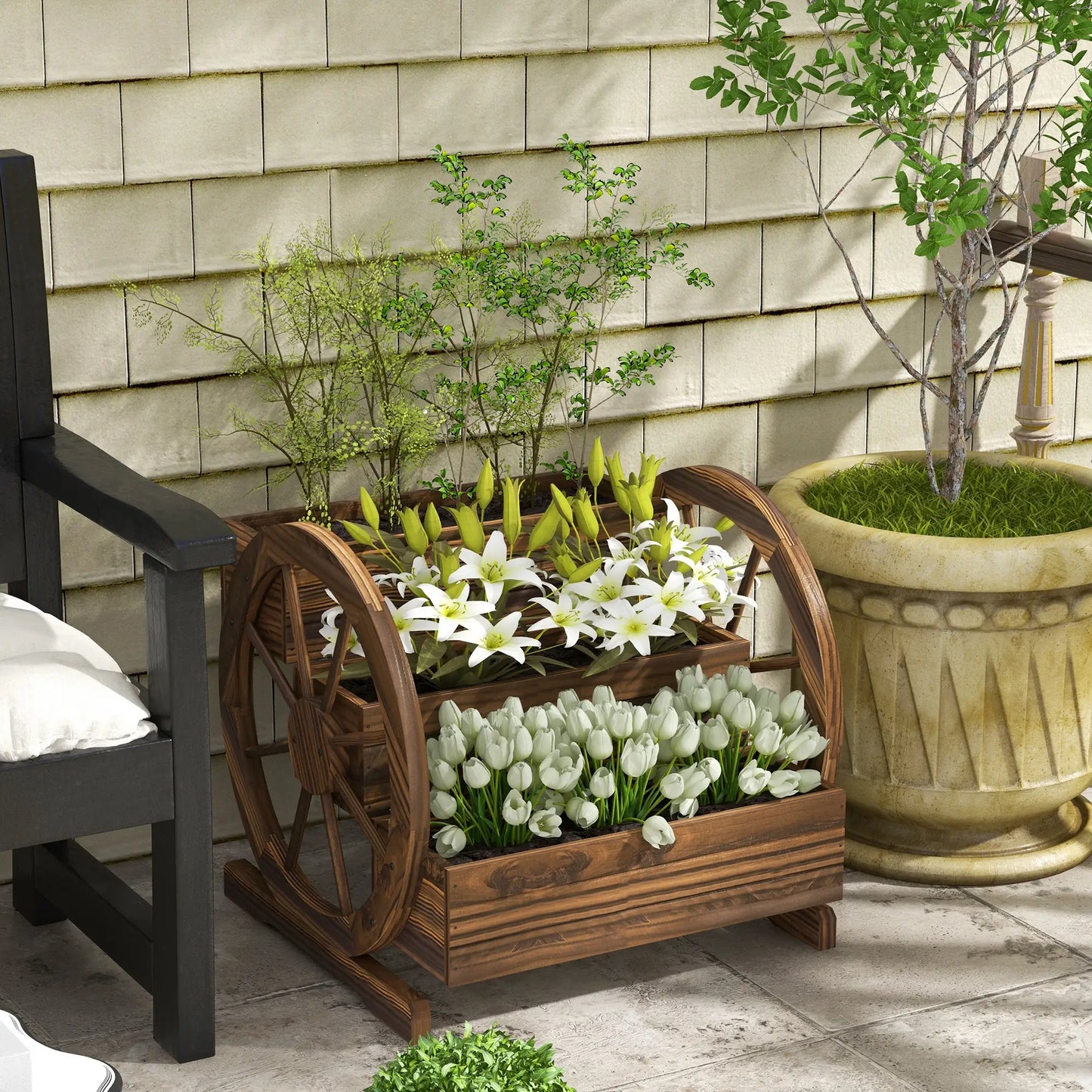 Wooden Wagon Planter Box, 3-Tier Raised Garden Bed, 24" x 24" x 22", Carbonized