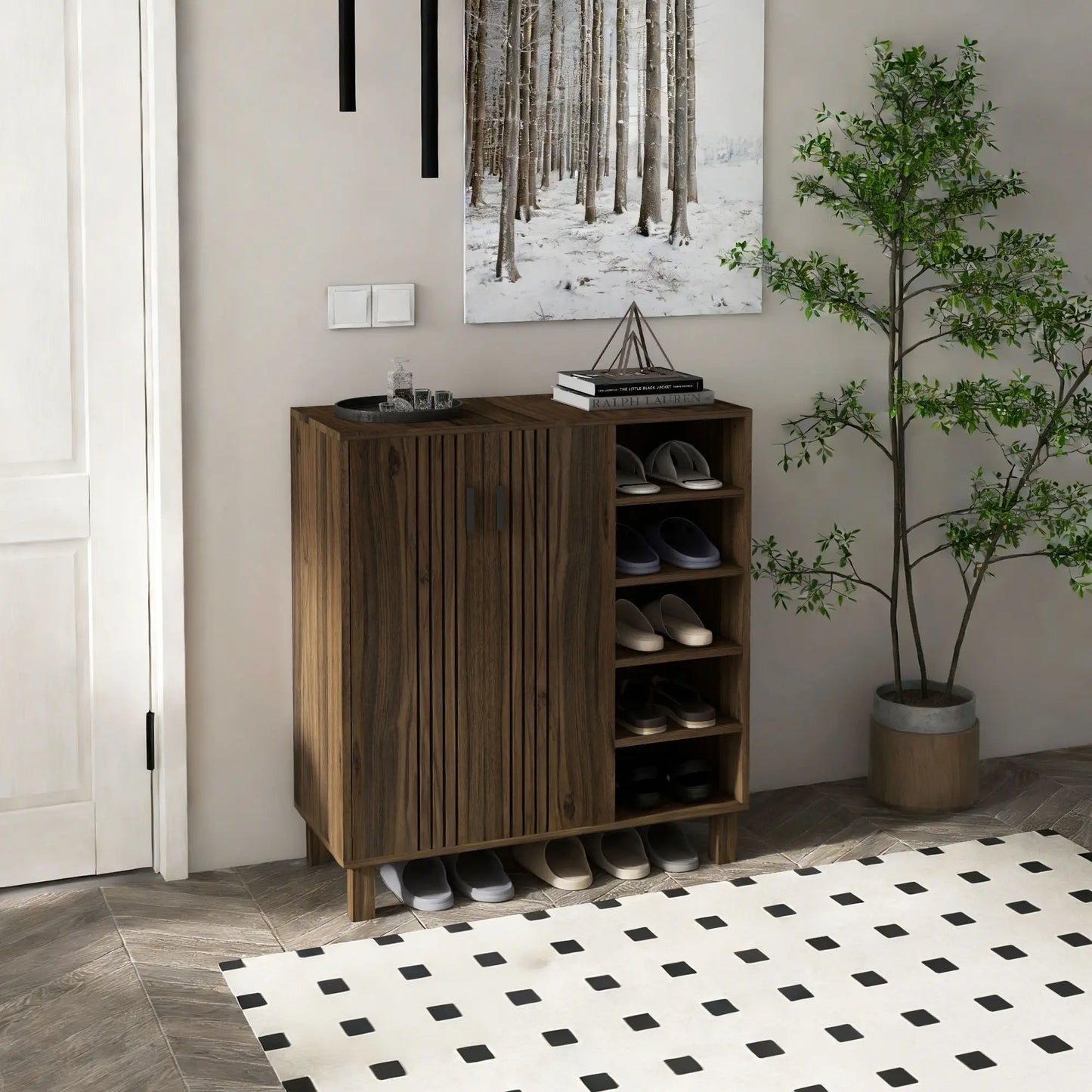 Double Door Shoe Storage, Open Shelves, 17 Pair, Walnut Shoe Storage Cabinets & Racks at Gallery Canada