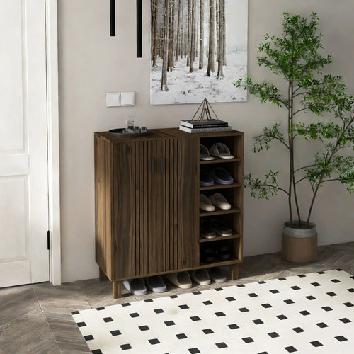Double Door Shoe Storage, Open Shelves, 17 Pair, Walnut