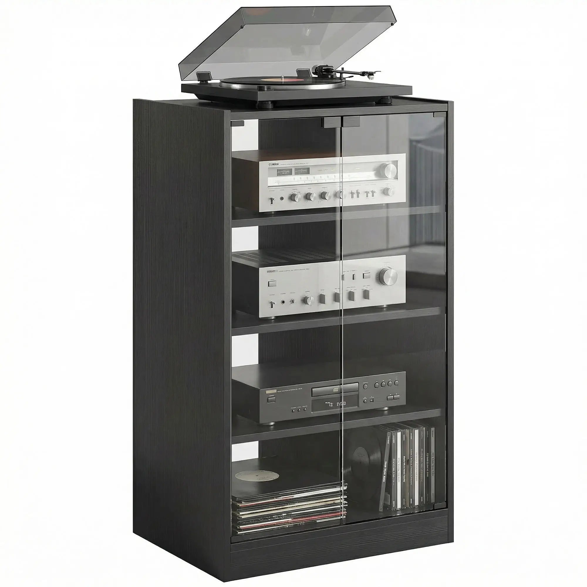 5-Tier AV Media Stand, Push Open Glass Doors, Adjustable Shelves, Distressed, Black Storage Cabinets Distressed Black at Gallery Canada
