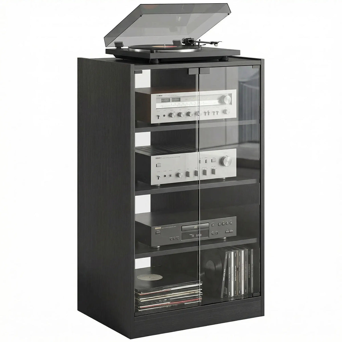 5-Tier AV Media Stand, Push Open Glass Doors, Adjustable Shelves, Distressed, Black Storage Cabinets Distressed Black at Gallery Canada
