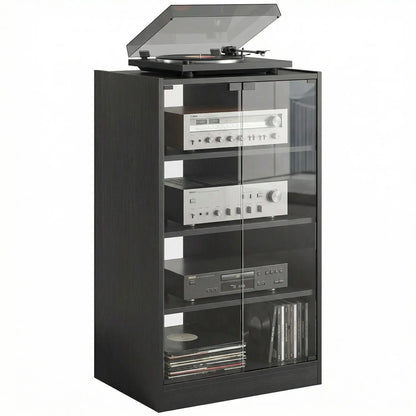5-Tier AV Media Stand, Push Open Glass Doors, Adjustable Shelves, Distressed, Black Storage Cabinets Distressed Black at Gallery Canada
