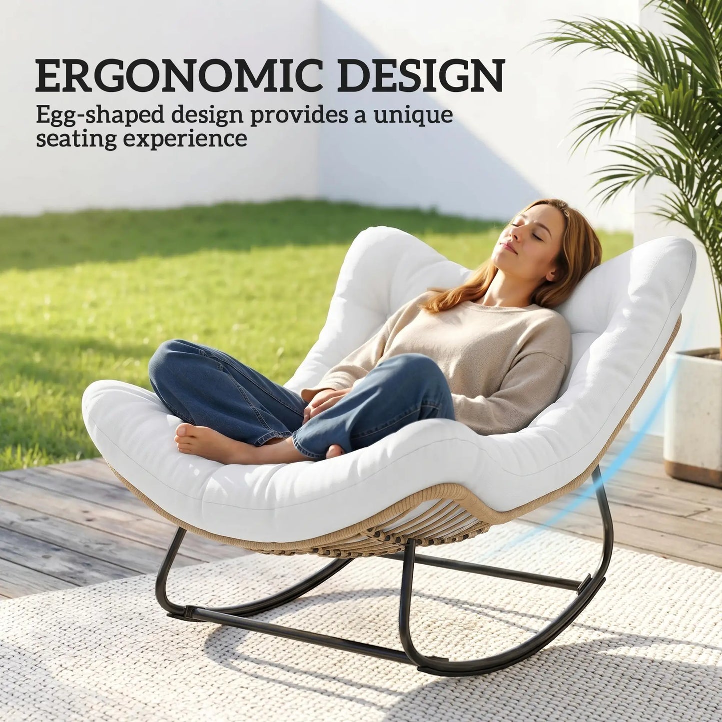 Oversized Rattan Patio Egg Chair, Rocking Chair With Padded Cushion, Cream White Outdoor Rocking Chairs at Gallery Canada