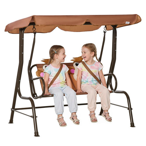 2-Seat Kids Porch Swing, Adjustable Canopy, Seat Belt, Monkey Pattern, 3-6 Years, Coffee