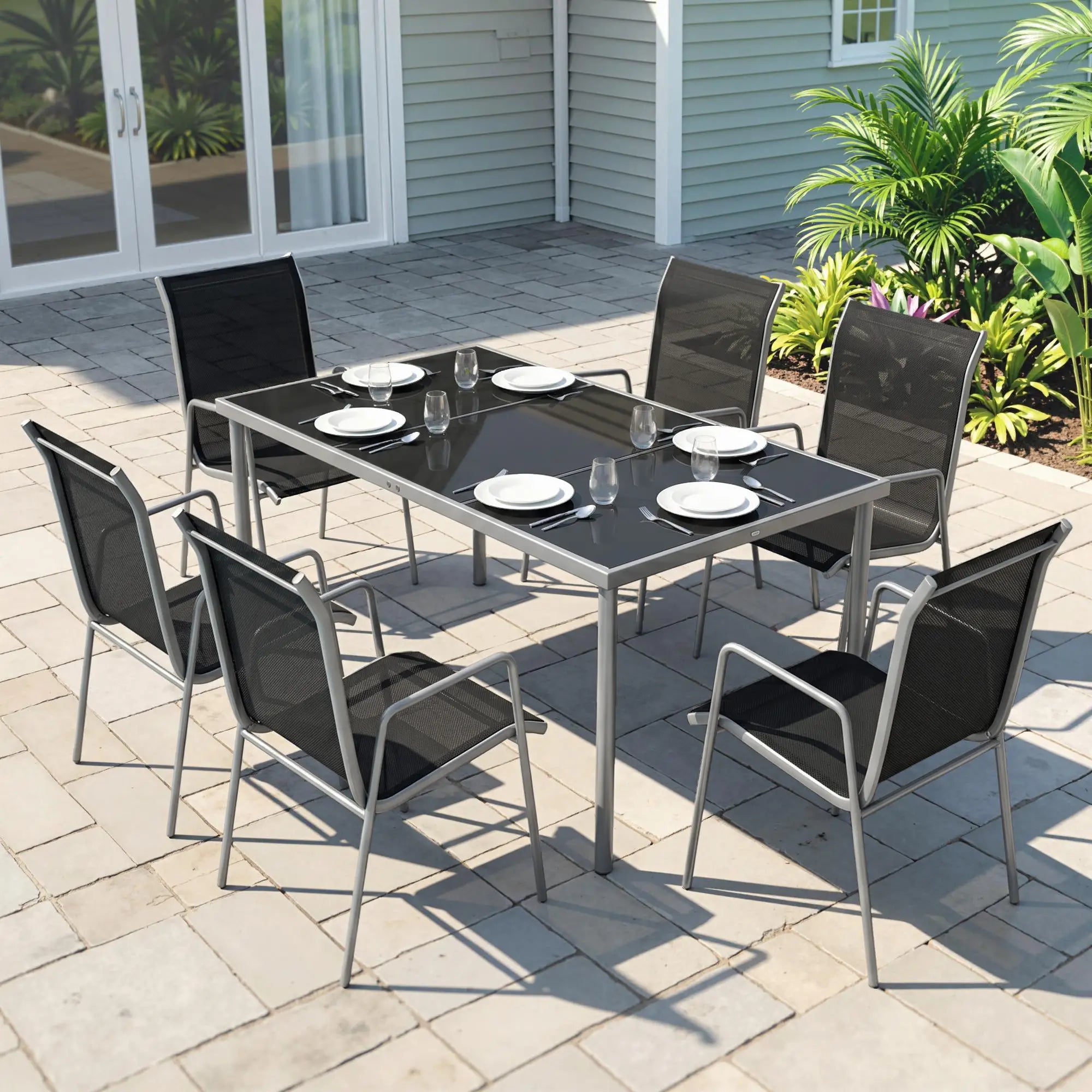7 Piece Garden Dining Set With Rectangular Table & 6 Stackable Chairs Outdoor Dining Sets at Gallery Canada