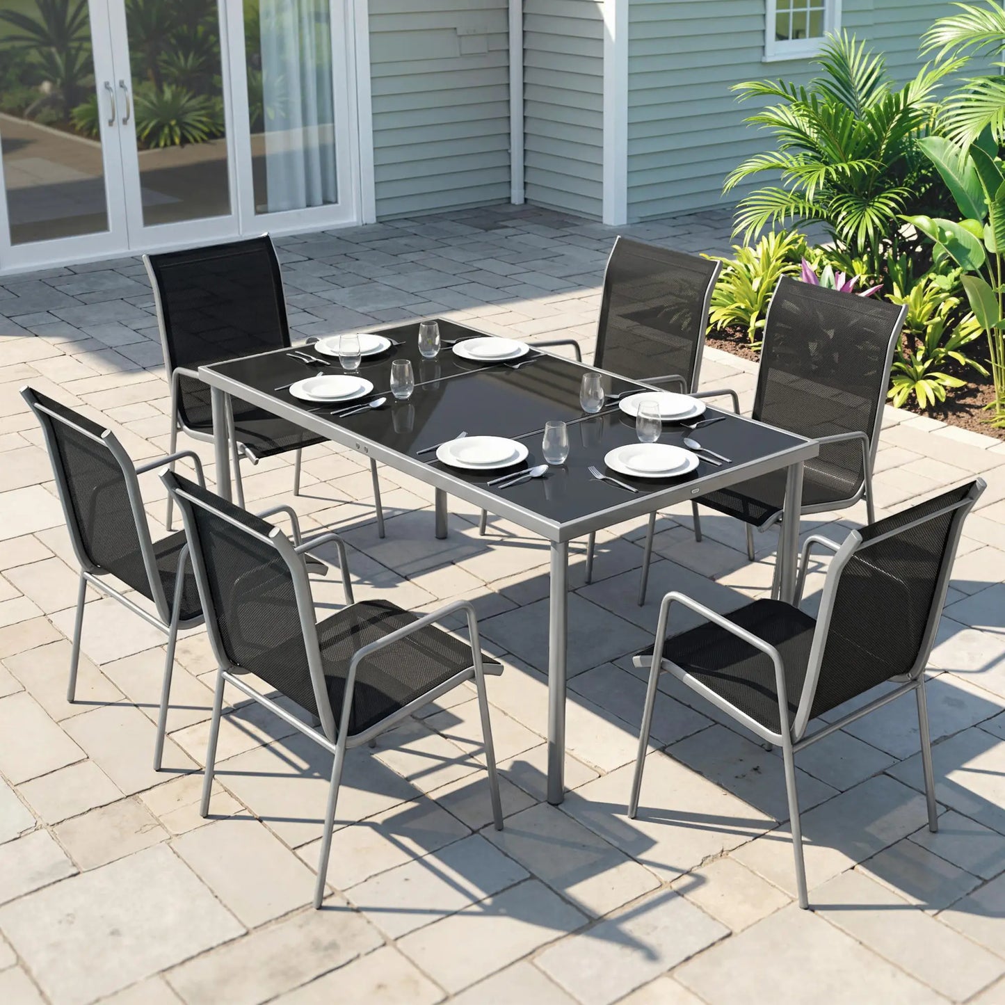 7 Piece Garden Dining Set With Rectangular Table & 6 Stackable Chairs Outdoor Dining Sets at Gallery Canada