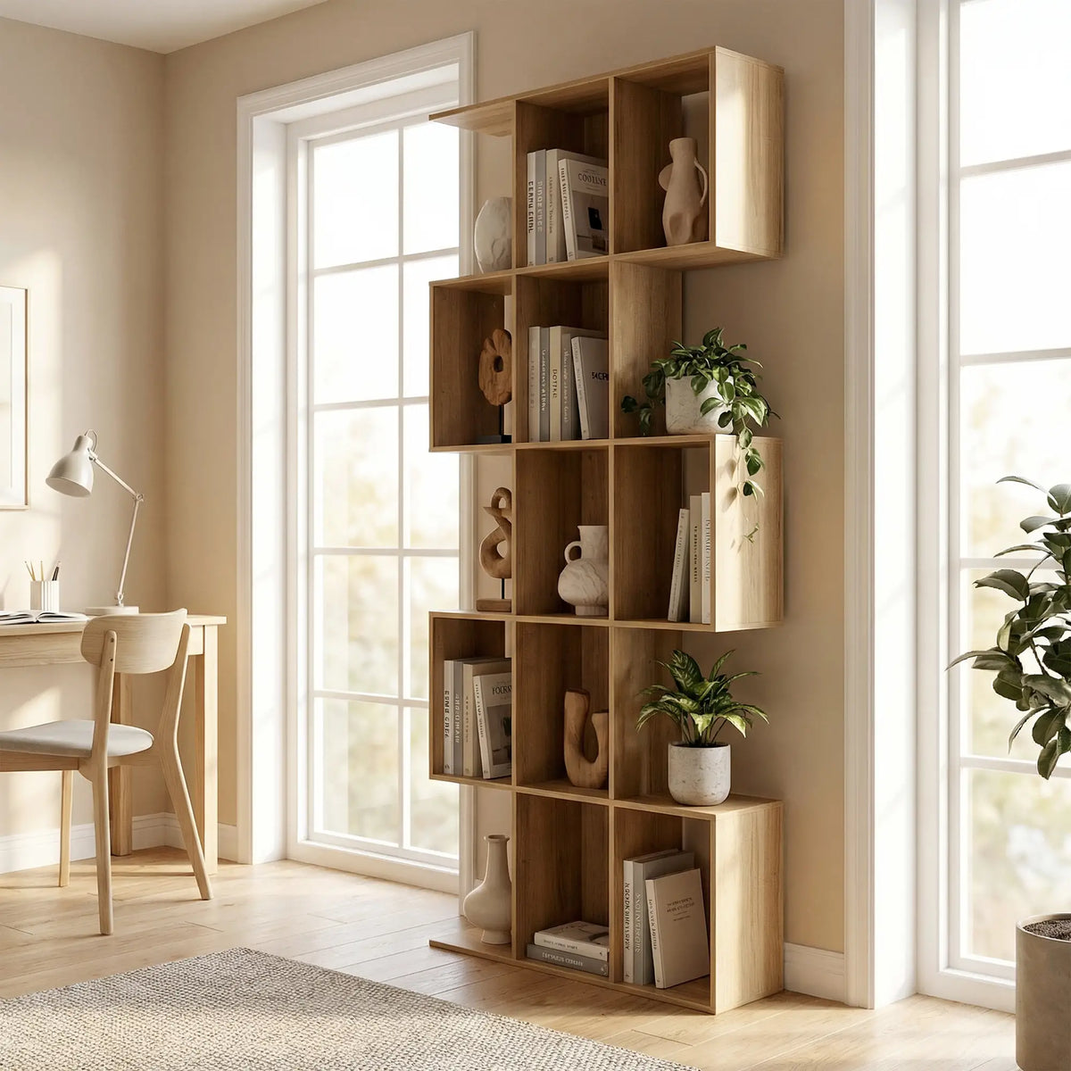 5-Tier S Shaped Geometric Bookcase, 15 Compartments, Oak