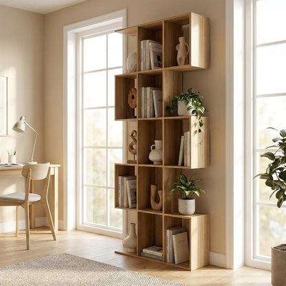 5-Tier S Shaped Geometric Bookcase, 15 Compartments, Oak