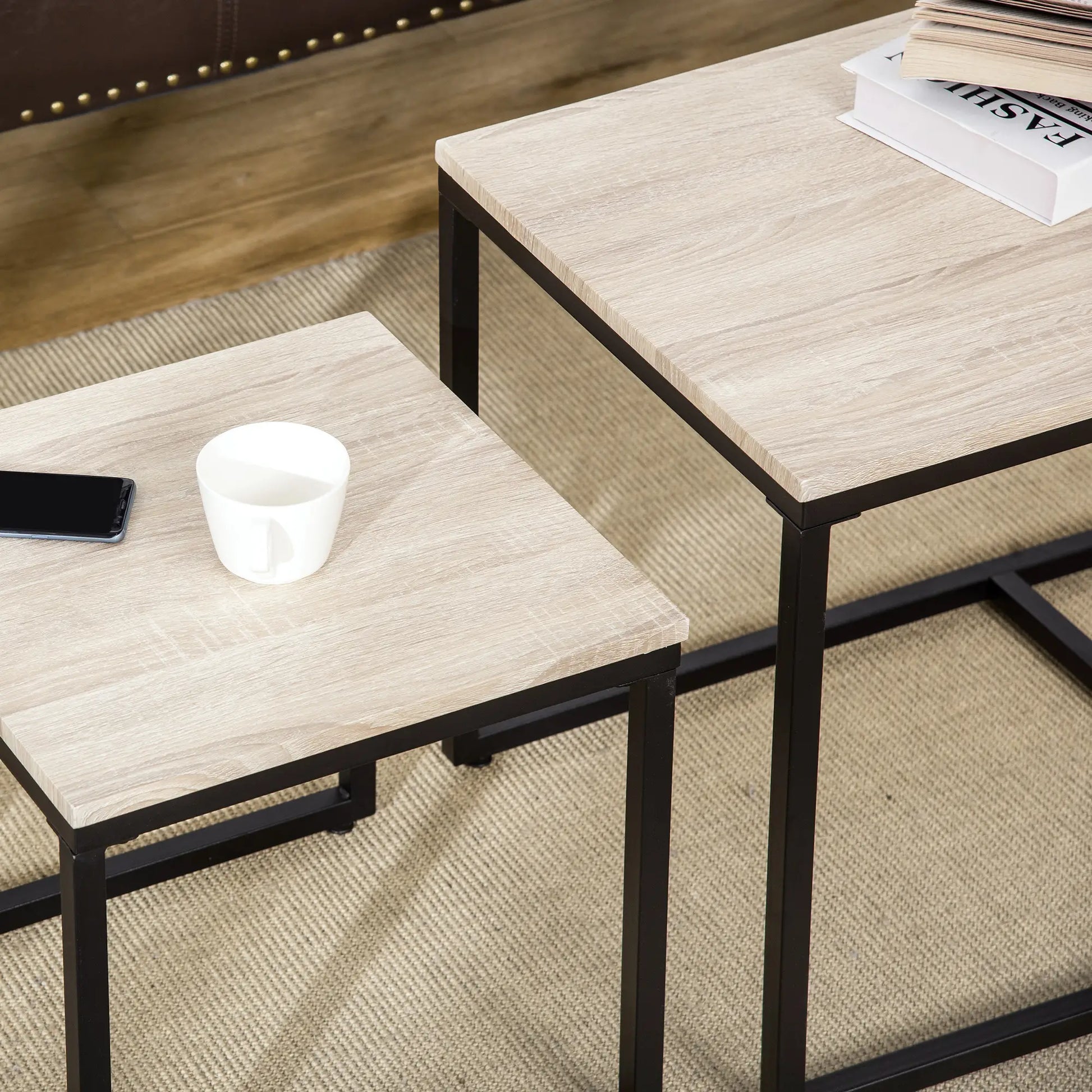 Nesting Coffee Table Set of 3, Metal Frame, Natural, Black Coffee Tables at Gallery Canada