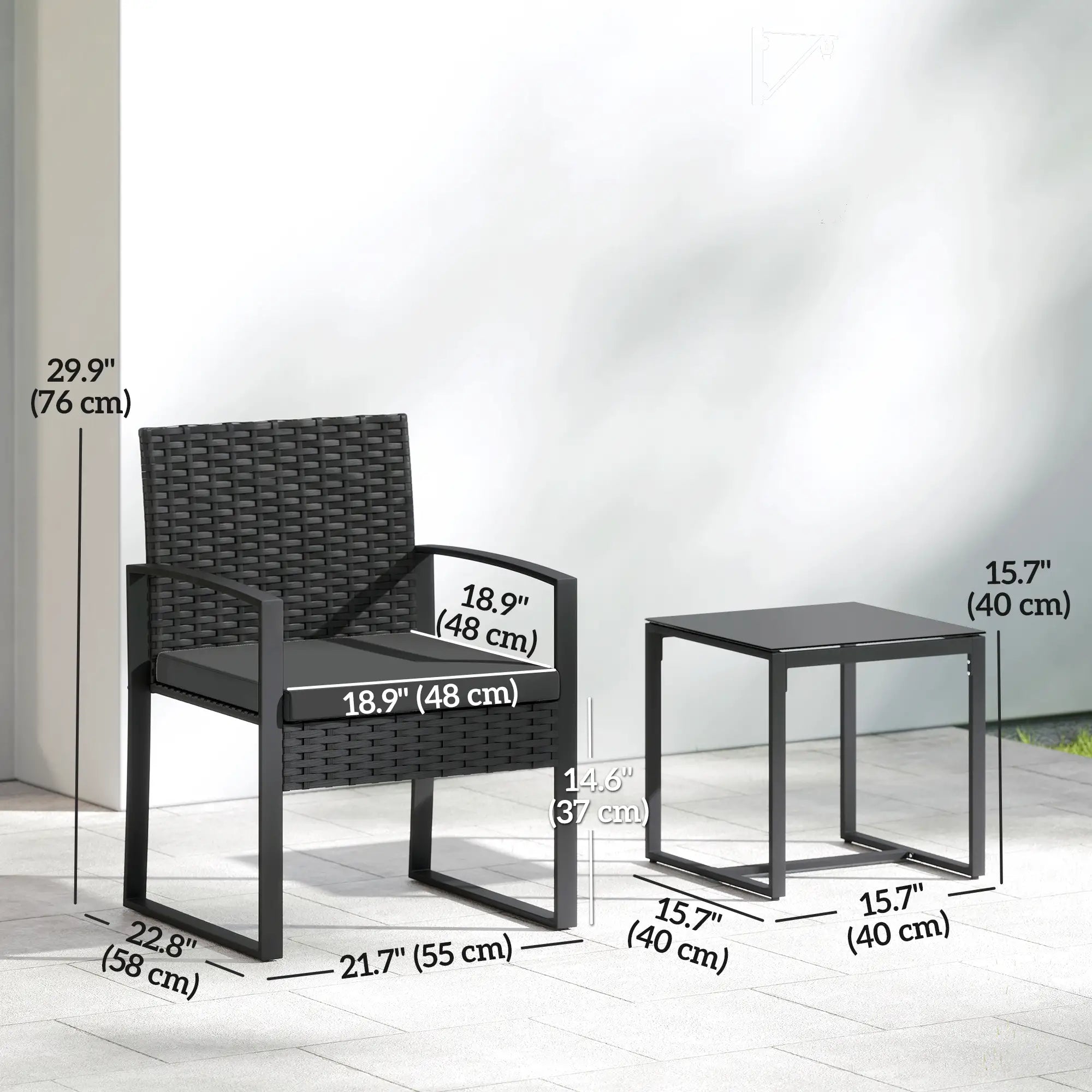 3 Piece Wicker Patio Set, Glass Top Table With Cushions, Black Bistro Sets at Gallery Canada