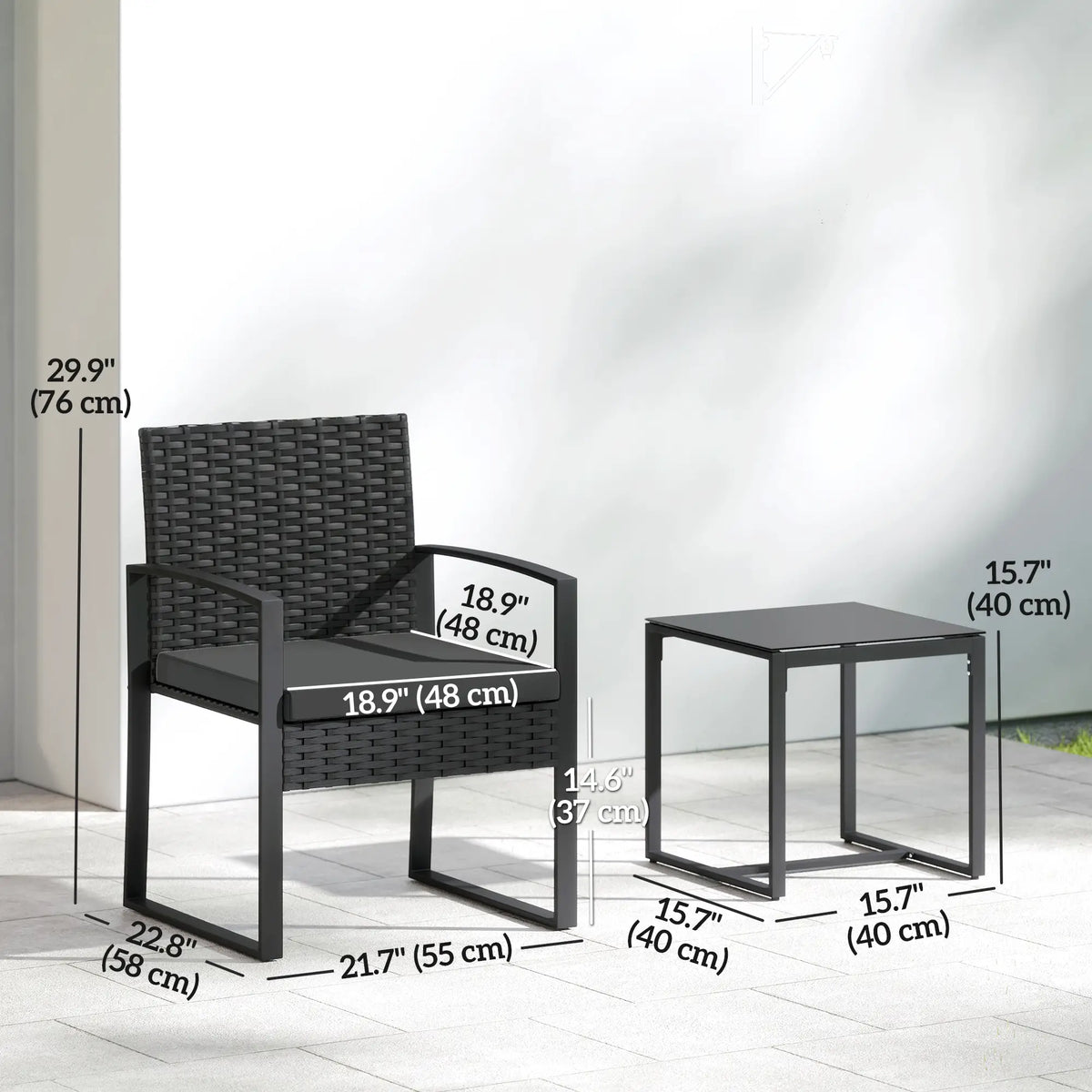 3 Piece Wicker Patio Set, Glass Top Table With Cushions, Black Bistro Sets at Gallery Canada