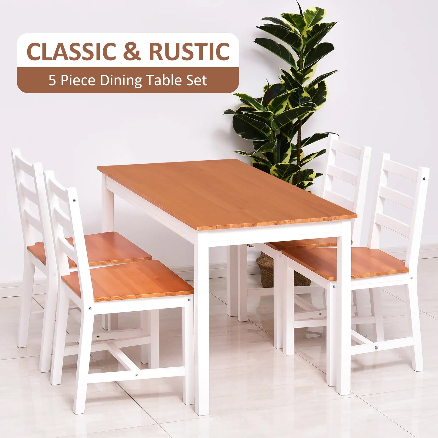 Pine Wood Dining Table Set for 4, 5 Piece, White and Natural Wood, White, Natural Wood Bar Sets at Gallery Canada