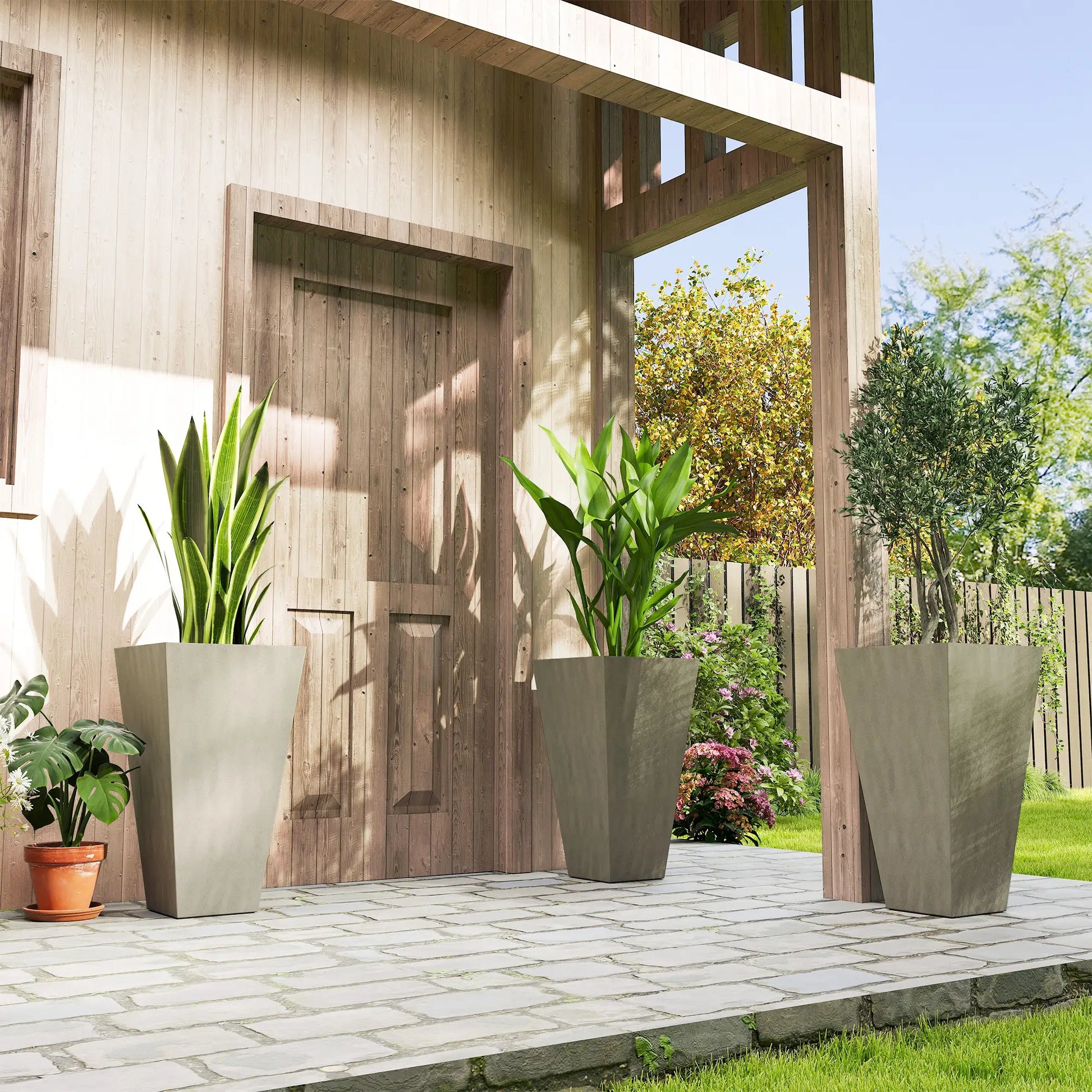 28" Tall Garden Plastic Planters, Set of 3, Indoor Outdoor, Mixed Grey, Grey Garden Accessories at Gallery Canada