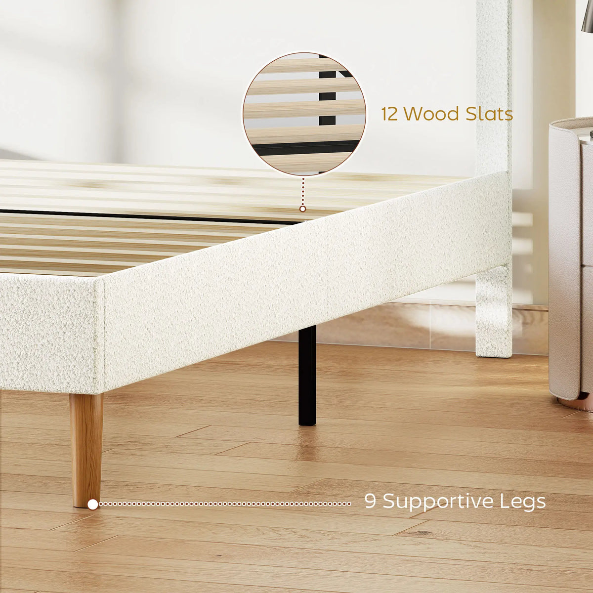King Size Bed Frame, Adjustable Headboard, Upholstered Platform, White
