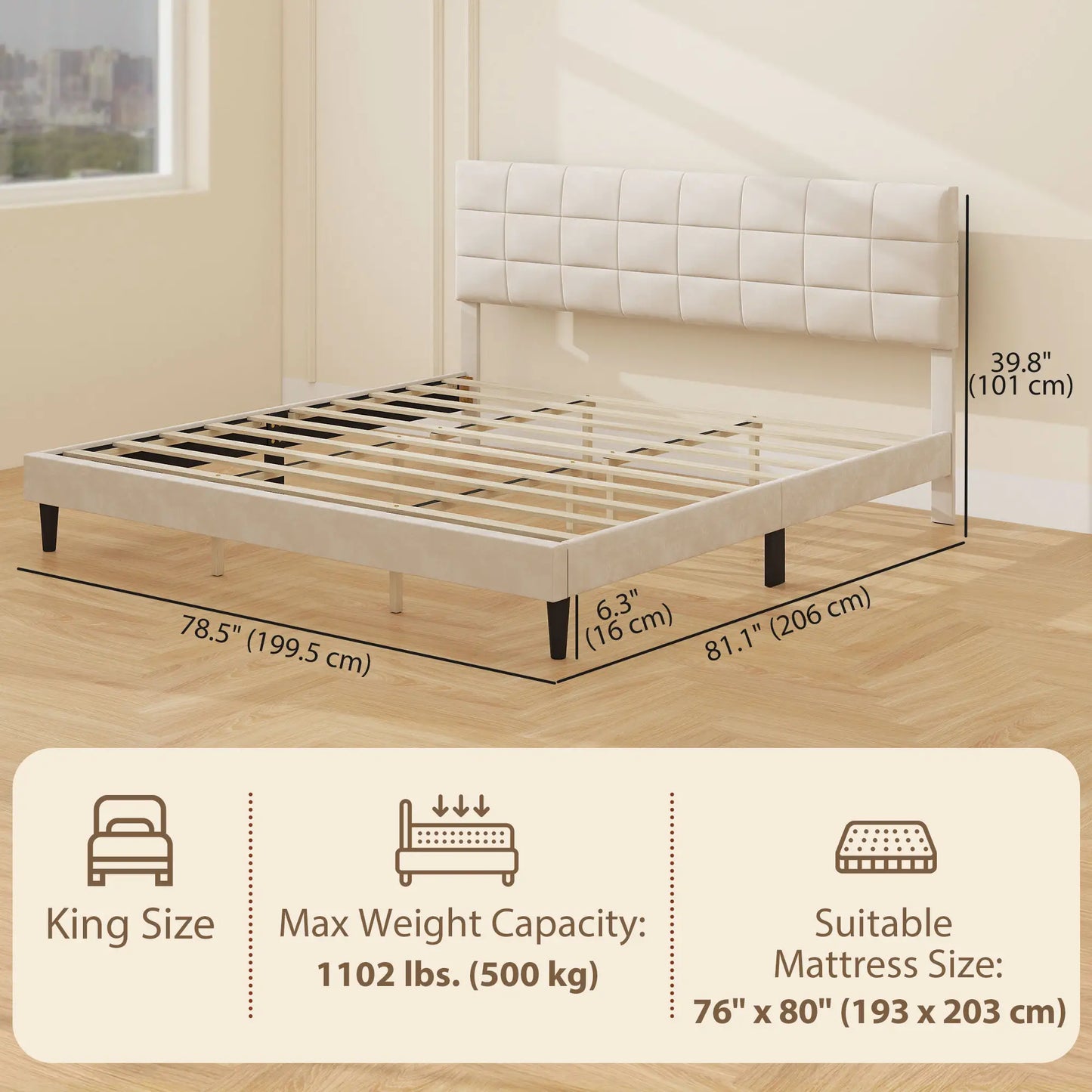 King Size Bed Frame, Upholstered Headboard, Wood Slats, 1100 lbs, Cream Bed Frames at Gallery Canada