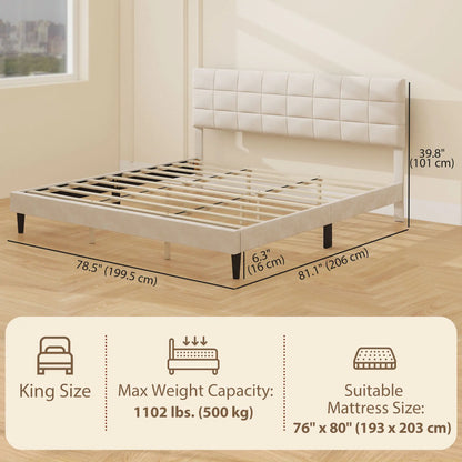 King Size Bed Frame, Upholstered Headboard, Wood Slats, 1100 lbs, Cream Bed Frames at Gallery Canada