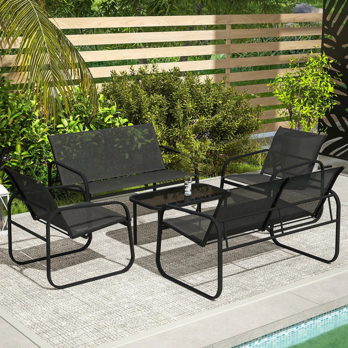 4 Piece Patio Furniture Set, 2 Loveseats, 2 Armchairs, Glass Table, Black Patio Furniture Sets at Gallery Canada