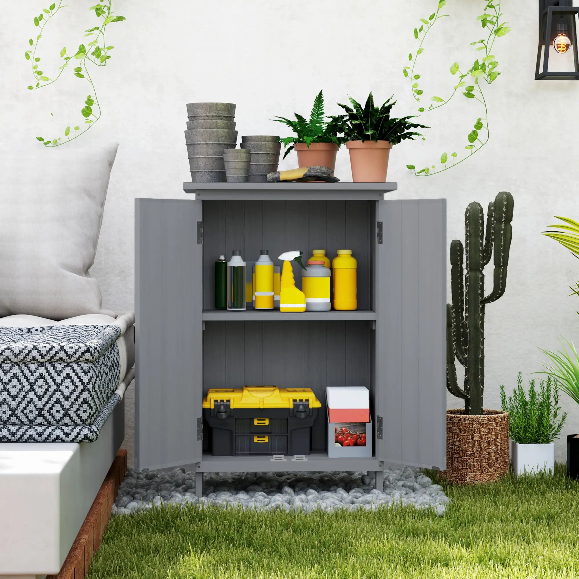 Outdoor Wooden Storage Cabinet, 2-Tier Shelves, Metal Tabletop, Grey Sheds at Gallery Canada