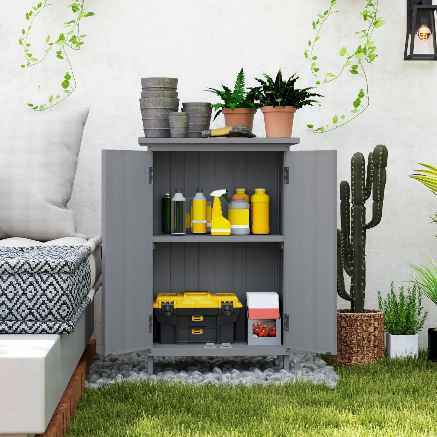Outdoor Wooden Storage Cabinet, 2-Tier Shelves, Metal Tabletop, Grey Sheds at Gallery Canada