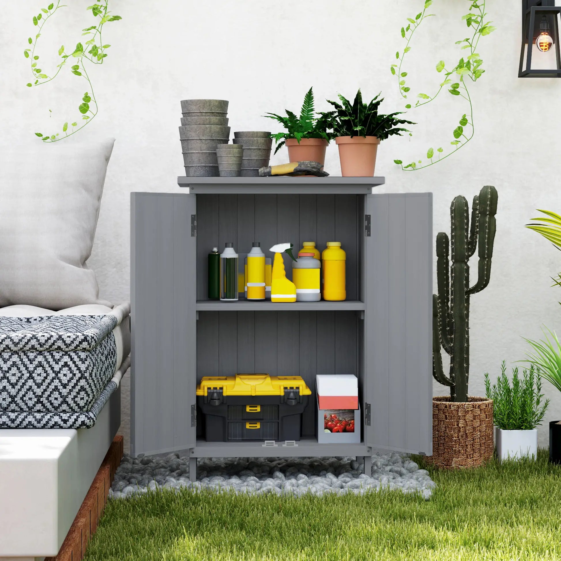 Outdoor Wooden Storage Cabinet, 2-Tier Shelves, Metal Tabletop, Grey Sheds at Gallery Canada