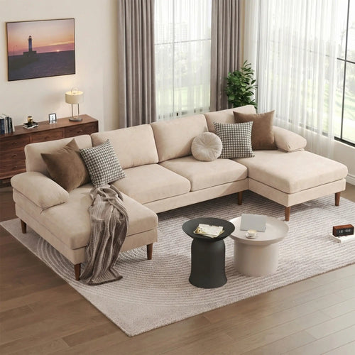 U Shape Couch, Double Chaise Lounge, 4 Seater Sofa, Wooden Legs, Beige