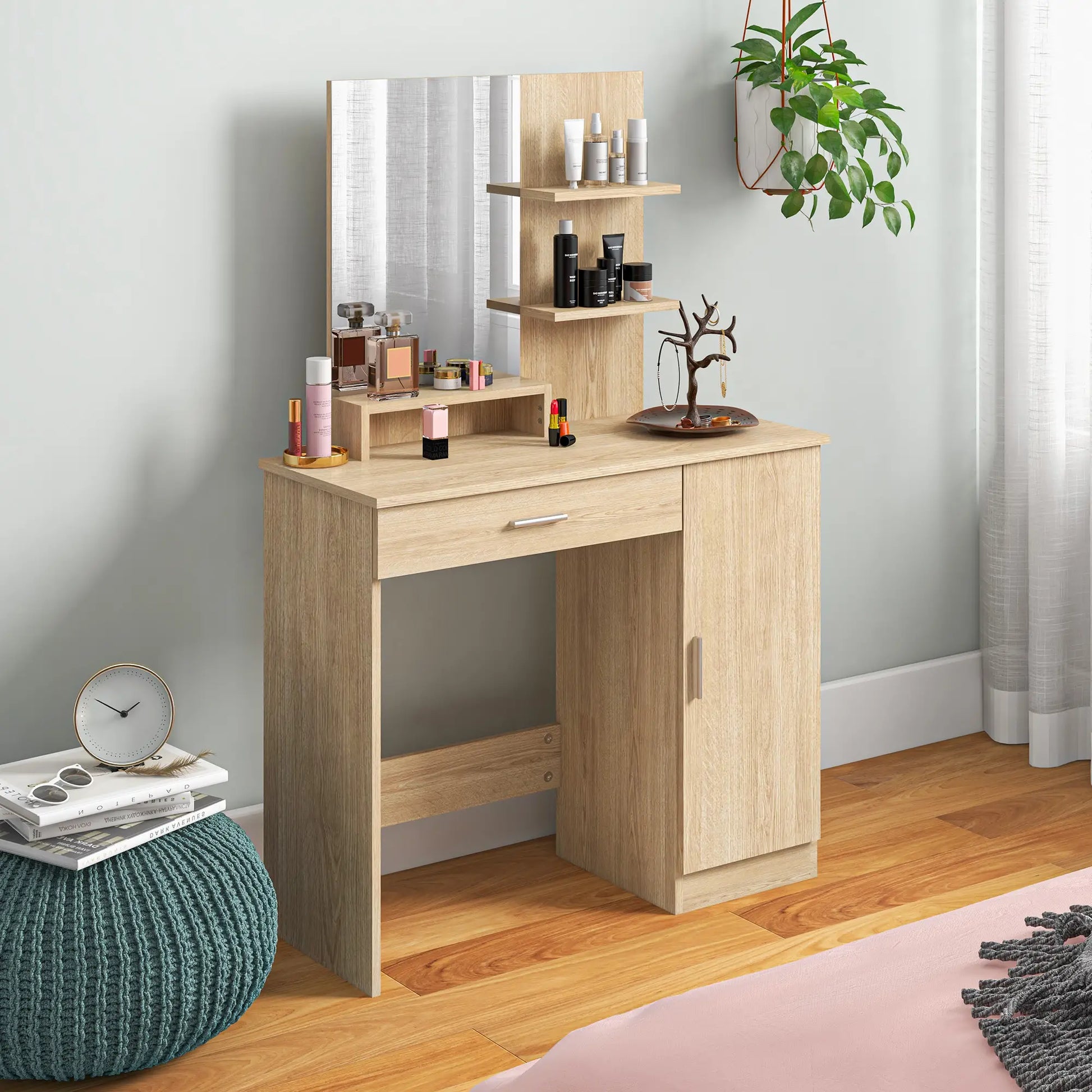 Vanity Table with Mirror, Drawer, Storage Shelves, 35.4 x 15 x 54.3 Inches, Natural Wood Dressing & Vanity Tables at Gallery Canada