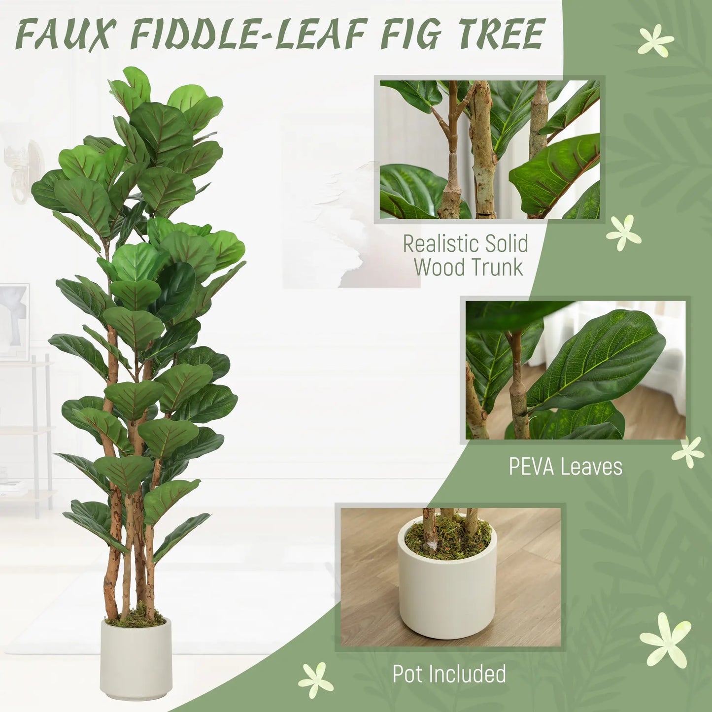 5FT Artificial Fiddle Leaf Fig Tree Set Of 2, Fake Potted Tree, Green Artificial Trees at Gallery Canada