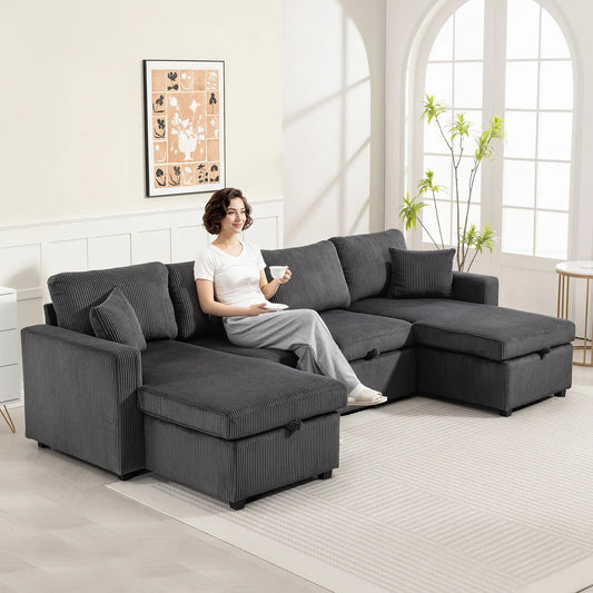 Convertible Sofa Bed, U-Shaped Sleeper Couch with Storage Chaise, Grey Sofas & Reclining Chairs Dark Grey at Gallery Canada