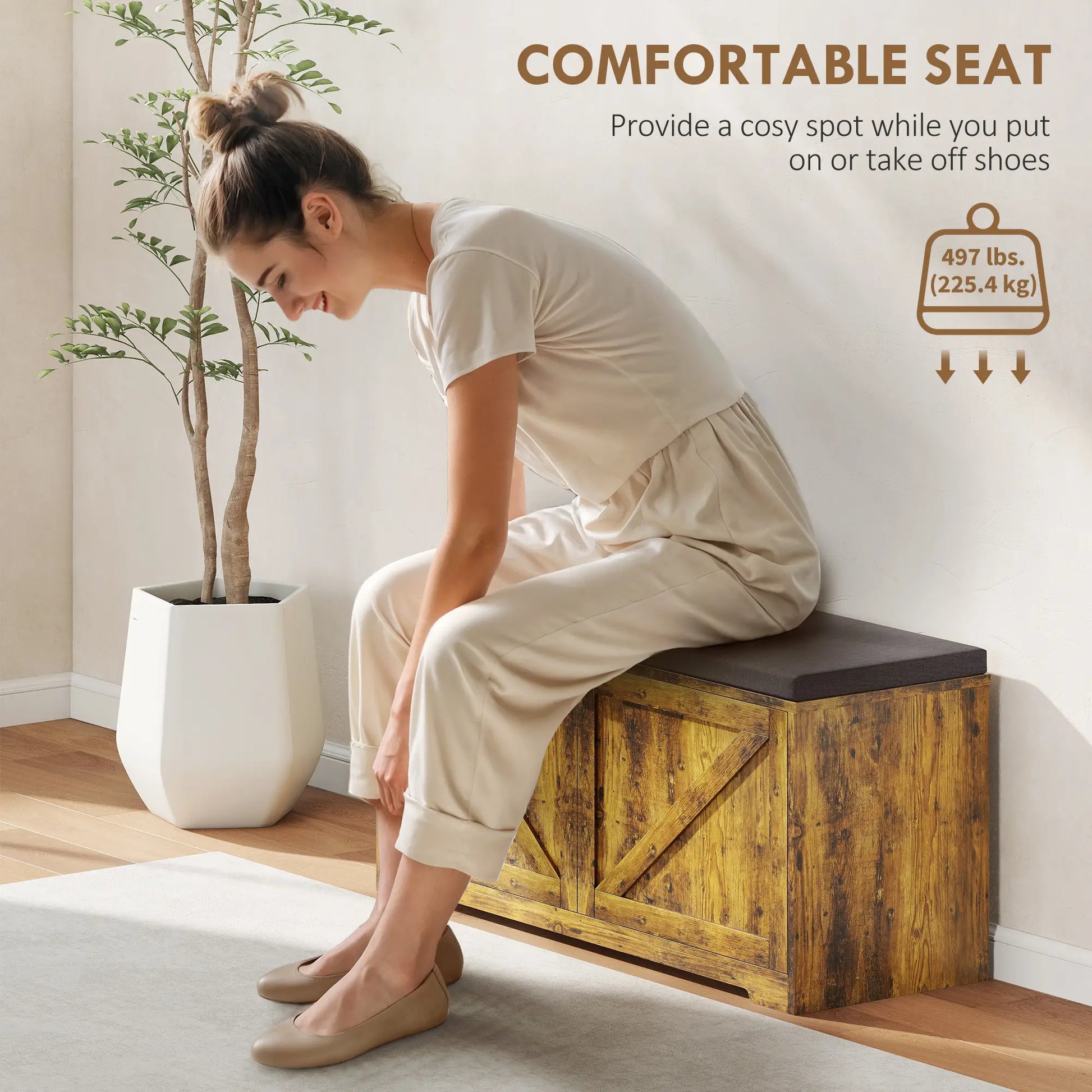 Shoe Storage Bench with Padded Seat, 8 Pairs, Rustic Brown, Brown Shoe Storage Cabinets & Racks at Gallery Canada