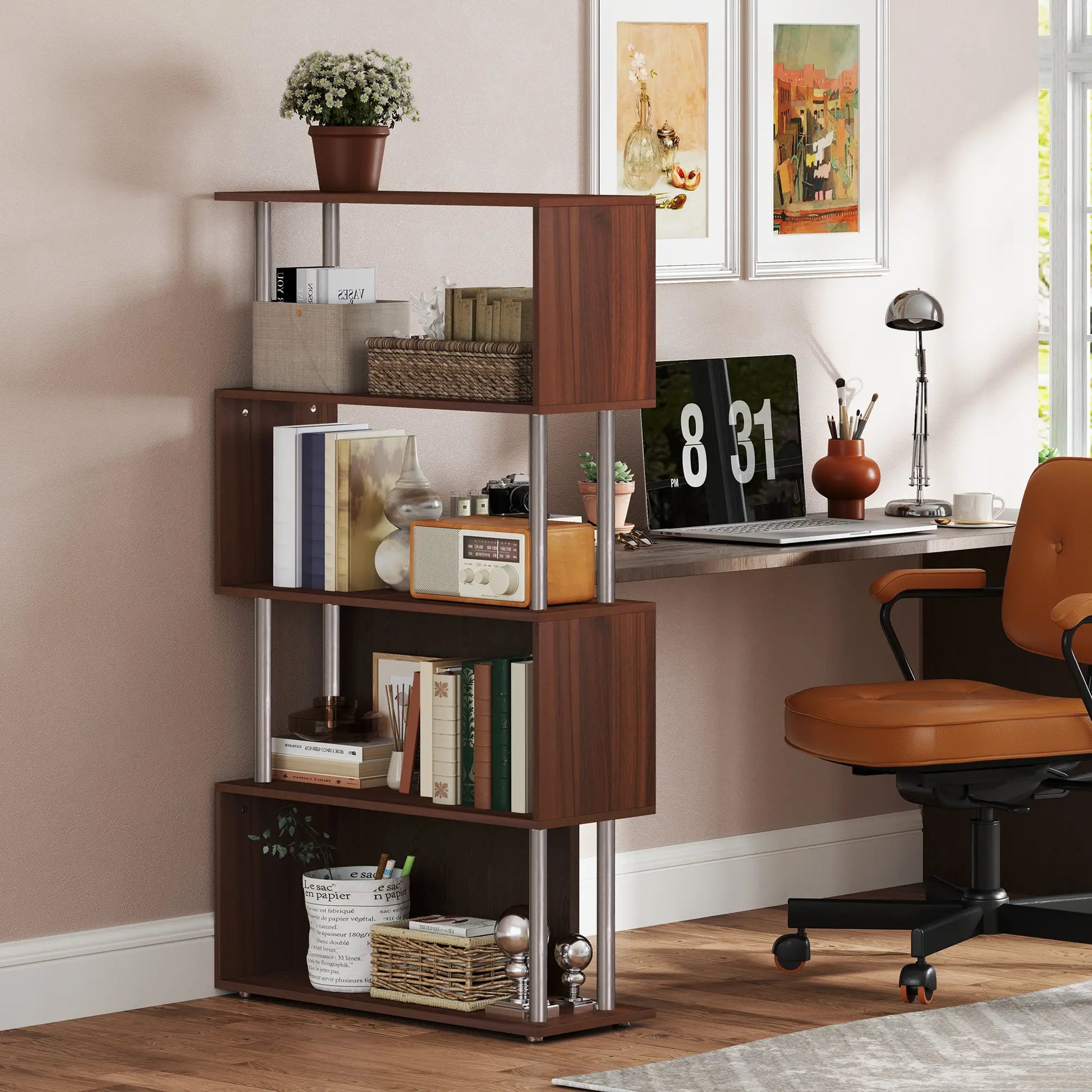 5-Tier Geometric Wooden Bookcase, S-Shaped Storage, Walnut Display Bookshelves at Gallery Canada
