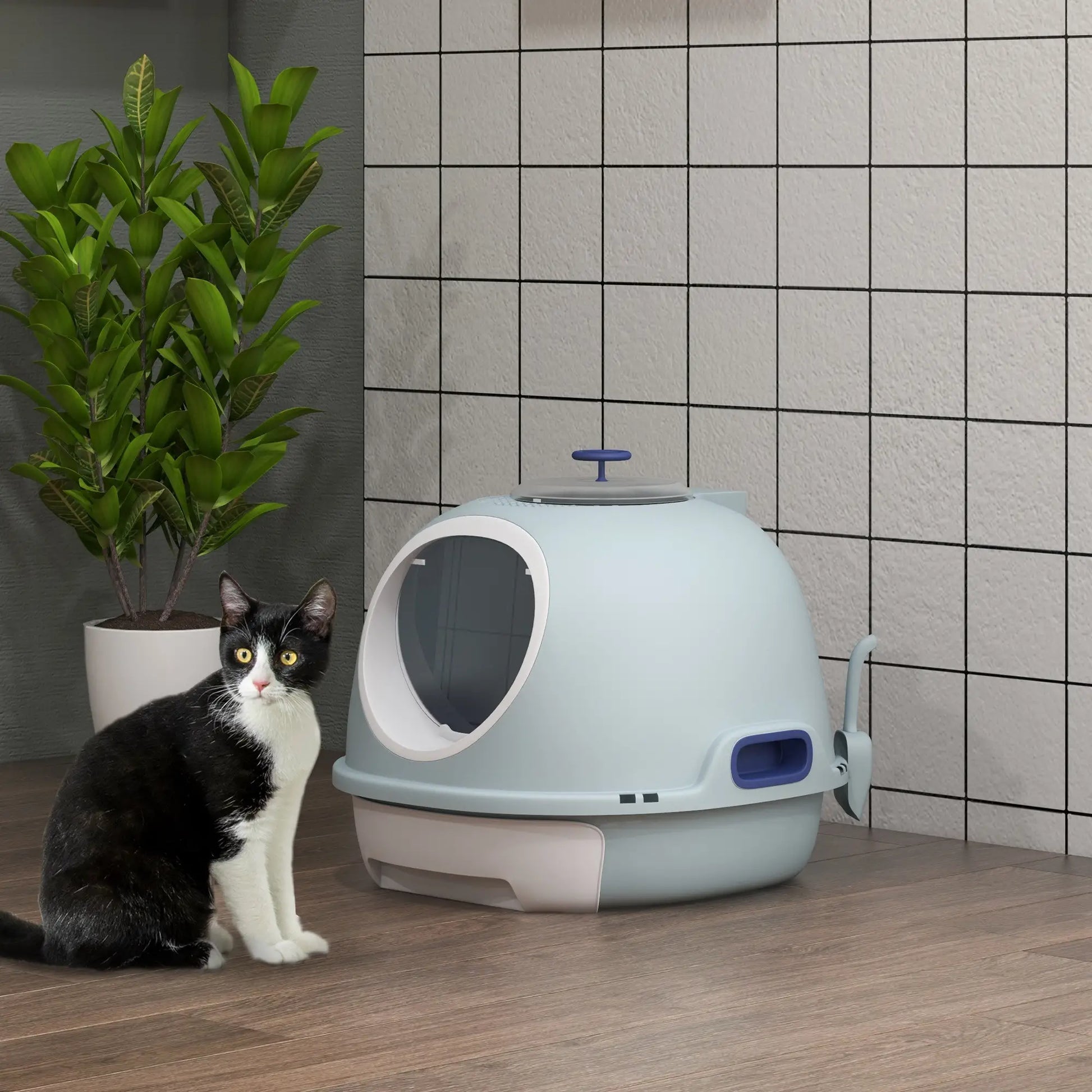 Covered Cat Litter Box with Lid, Scoop, Enclosed Drawer, Skylight, Blue Cat Litter Box Enclosures at Gallery Canada