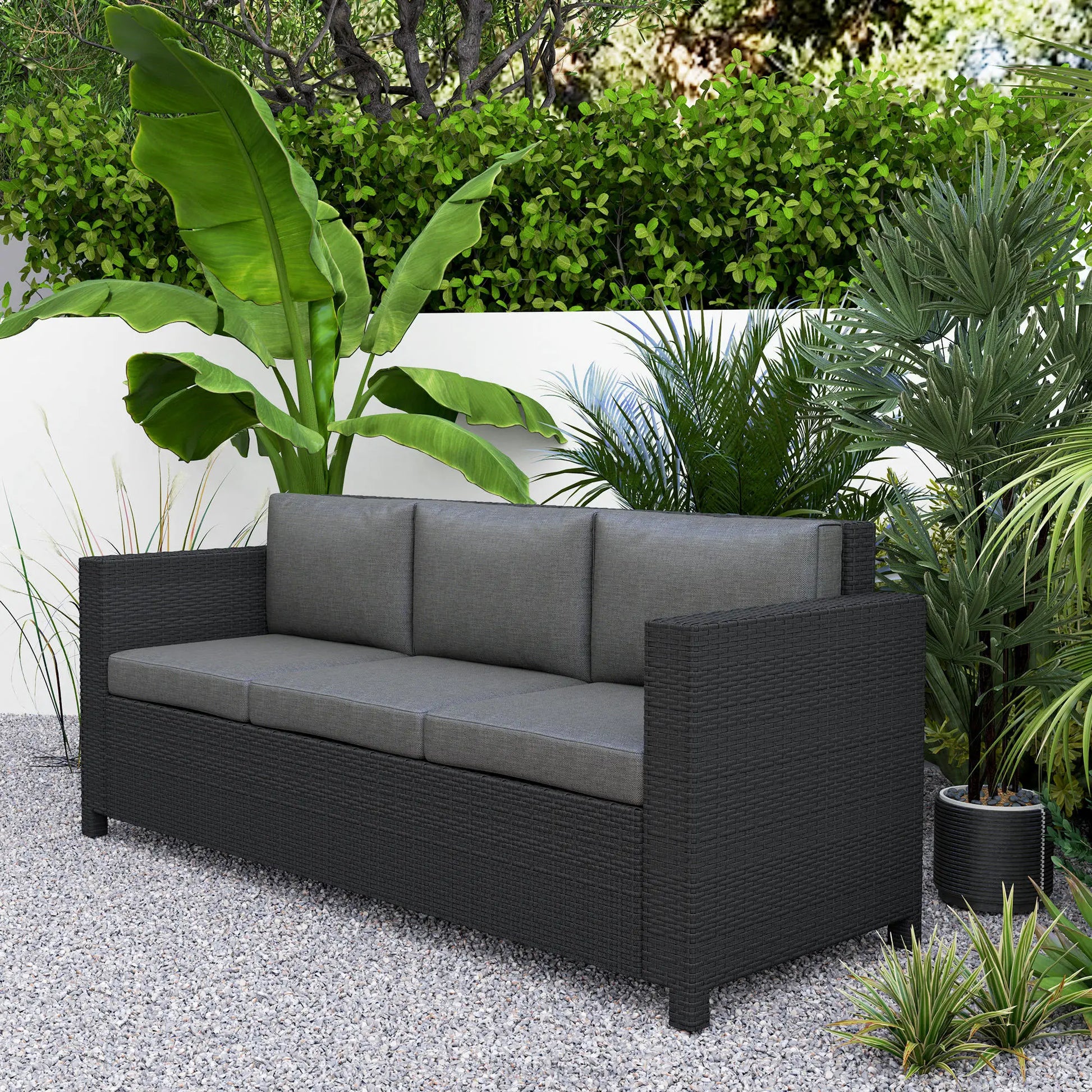 3 Seat Rattan Wicker Sofa, Outdoor Patio Furniture with Cushion, Grey Patio Furniture Sets at Gallery Canada