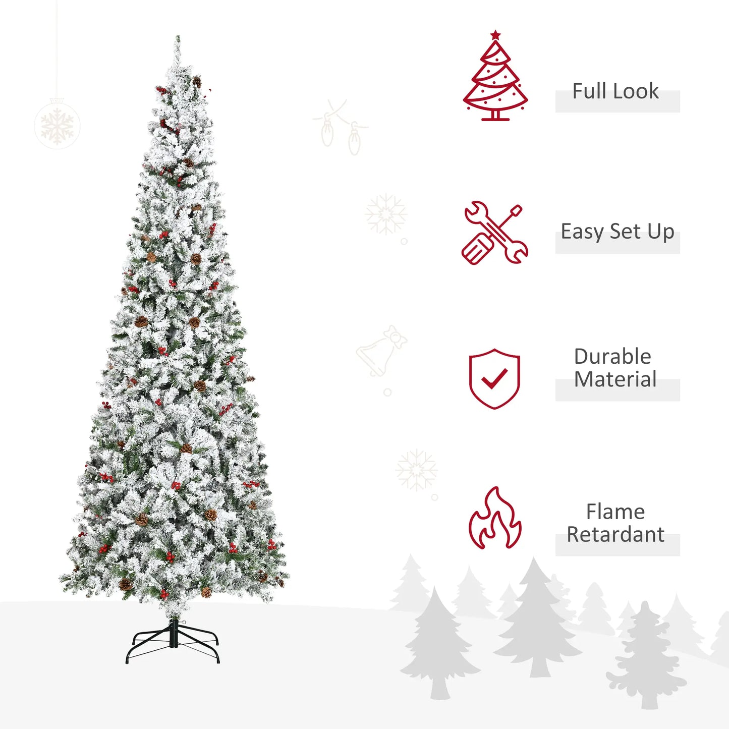 9-Foot Pencil Snow Flocked Artificial Christmas Tree, 1350 Pine Branches, Pine Cones, Red Berries, Auto Open, Green Pencil Christmas Trees at Gallery Canada