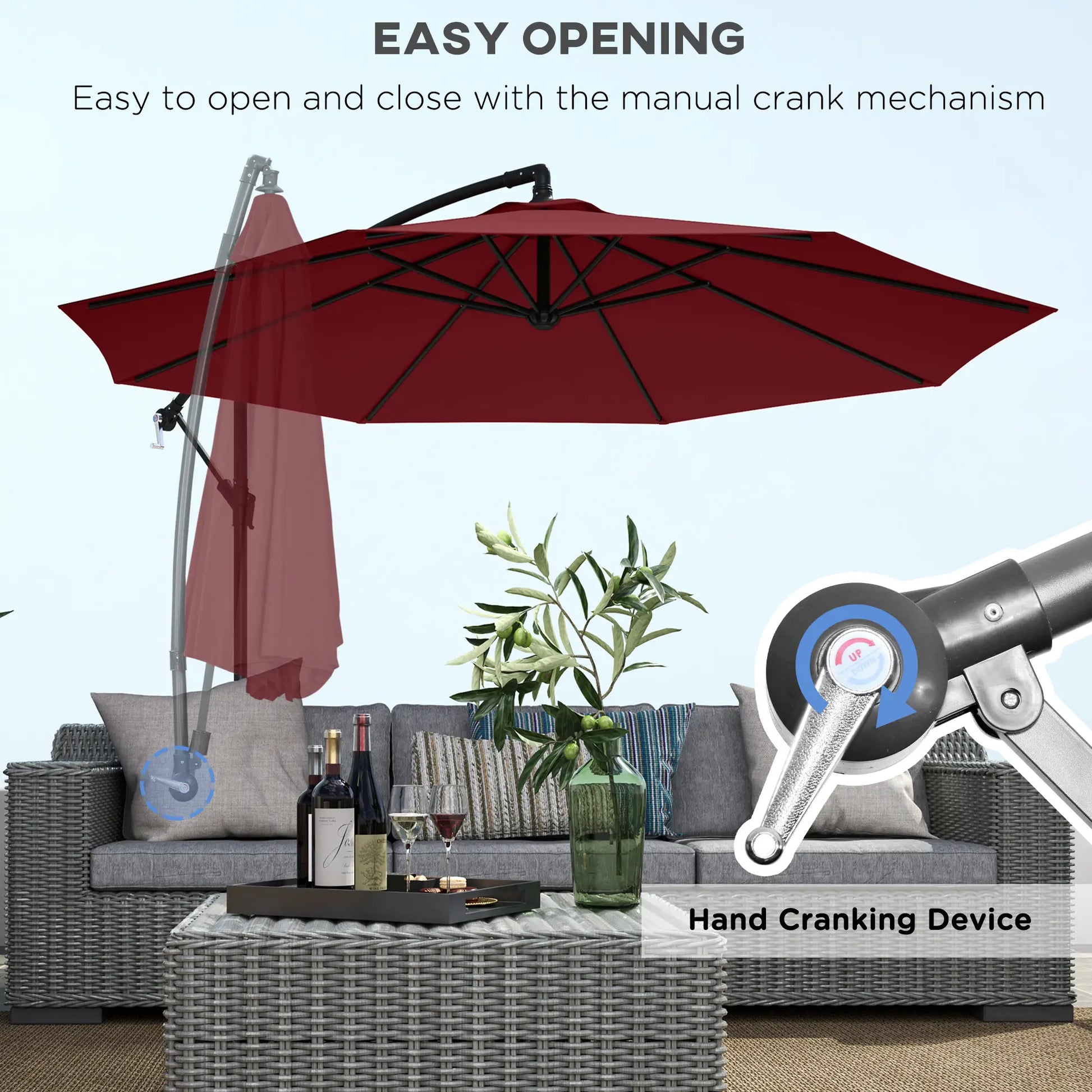 9.7ft Offset Patio Umbrella, Hanging Parasol, Crank, Wine Red Offset Cantilever Umbrellas at Gallery Canada