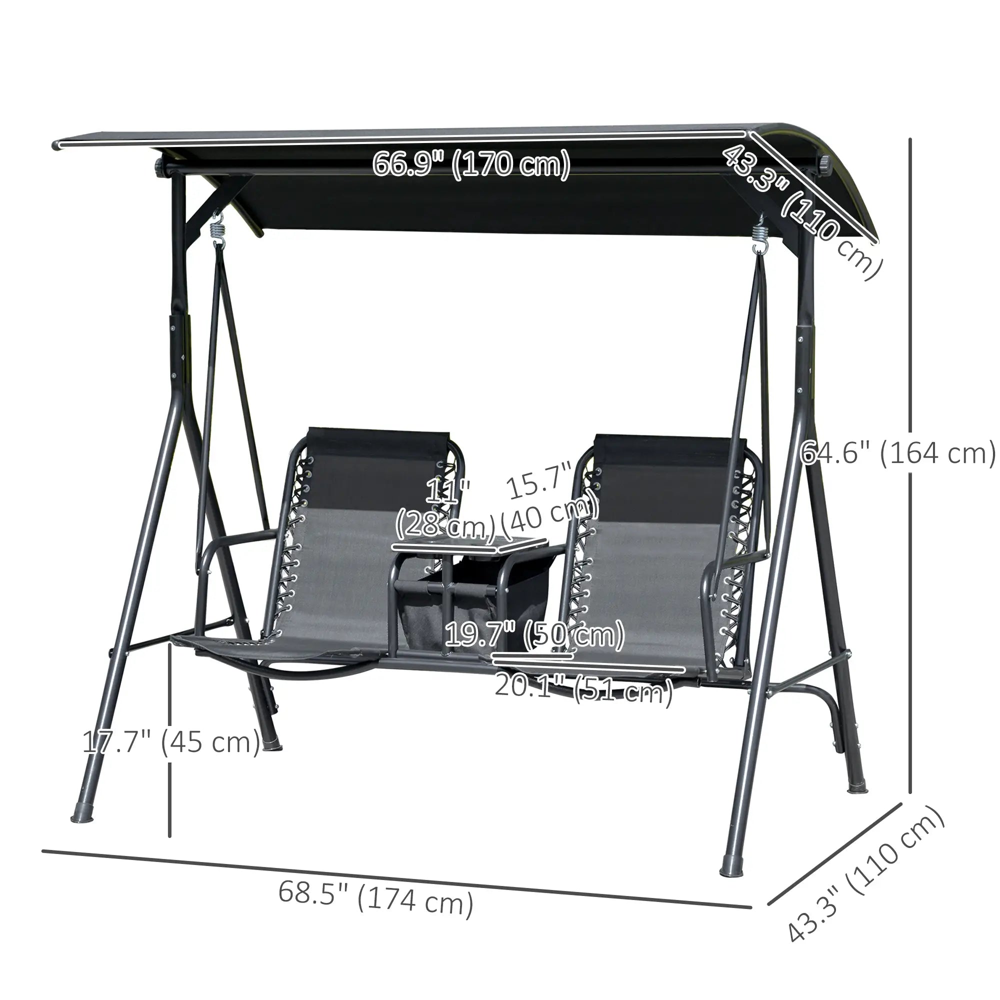 2 Person Porch Swing with Storage Table, Cup Holder, Canopy, Black Patio Swings with Stand at Gallery Canada