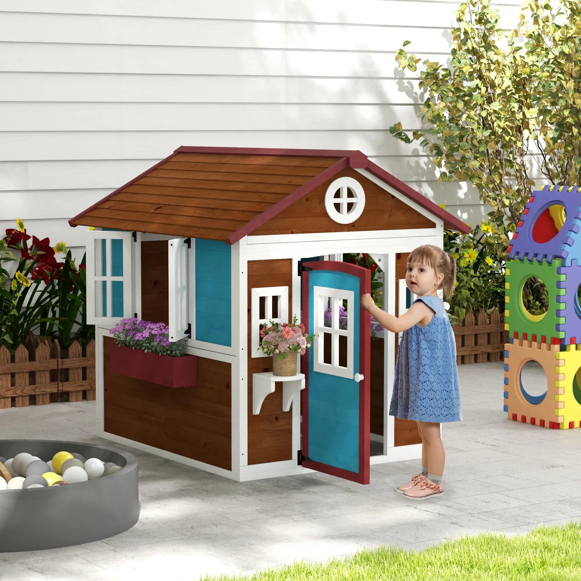 Wooden Playhouse for Kids Outdoor with Door, Windows, Planter Pots and Boxes for Toddlers 3-8 Years, Beige Play Houses at Gallery Canada