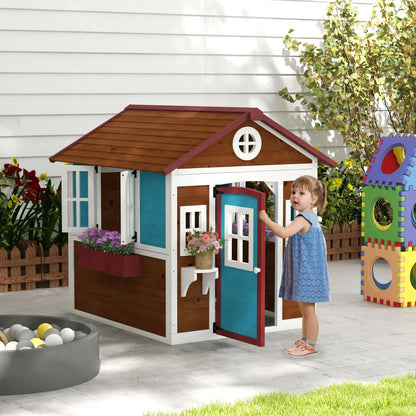 Wooden Playhouse for Kids Outdoor with Door, Windows, Planter Pots and Boxes for Toddlers 3-8 Years, Beige Play Houses at Gallery Canada