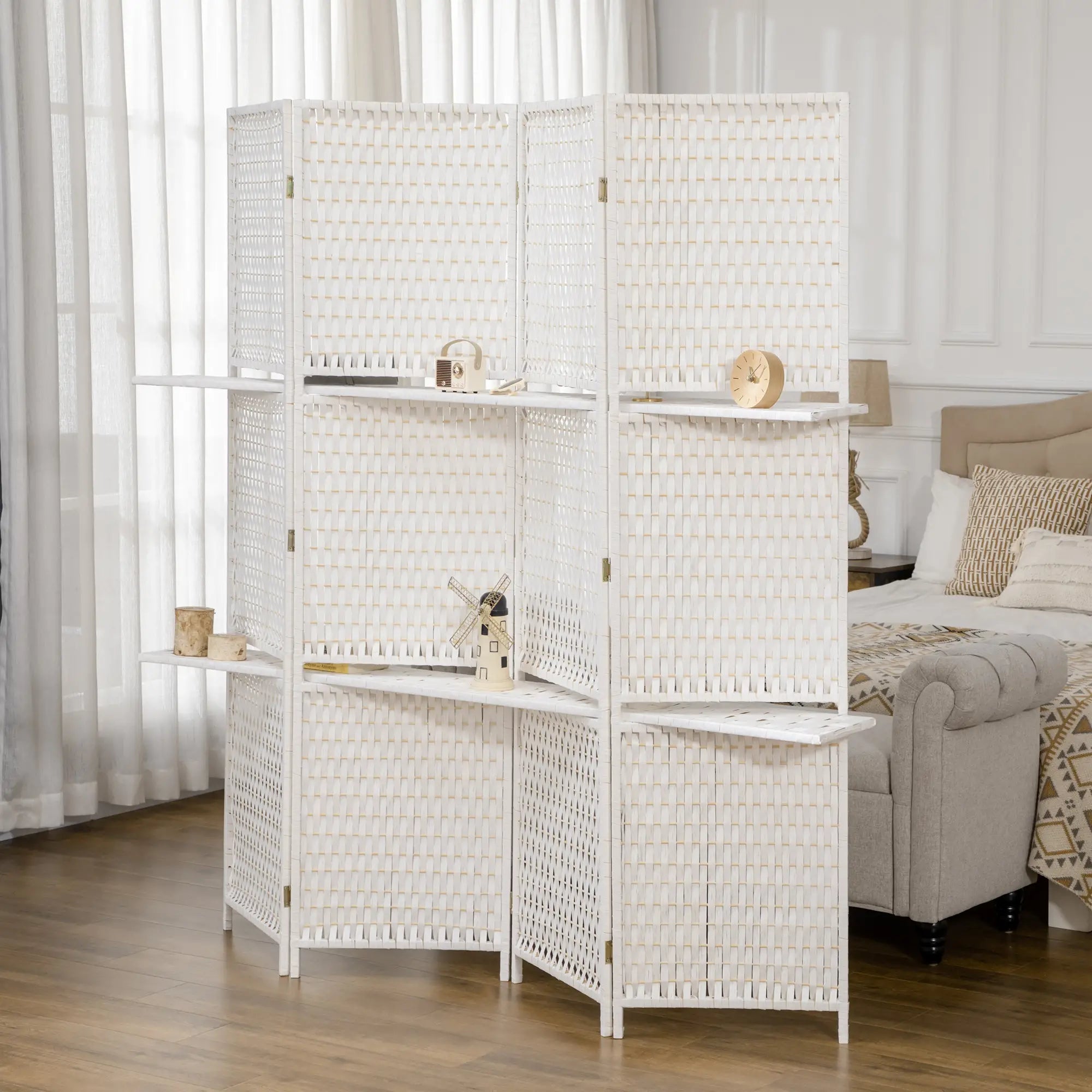4 Panel Room Divider With Shelves, 6 FT Privacy Screen, White Room Dividers at Gallery Canada