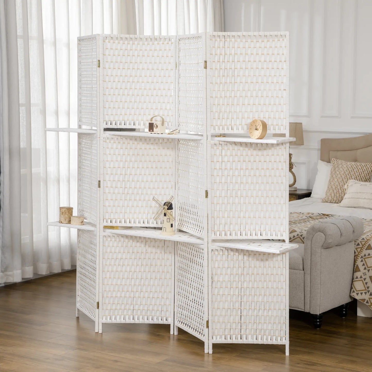 4 Panel Room Divider With Shelves, 6 FT Privacy Screen, White Room Dividers at Gallery Canada